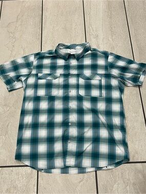 Columbia Shirt Mens 2XL Teal Plaid Omni-Shade Short Sleeve Button Up Fishing